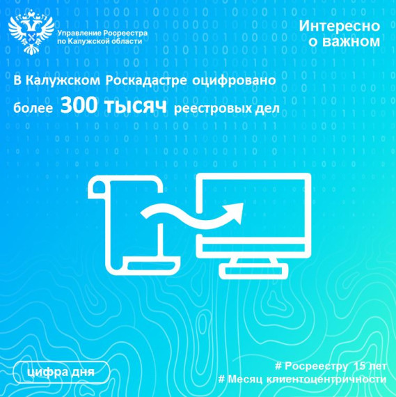 В Калужском Роскадастре оцифровано более 300 тысяч реестровых дел. В Калужском Роскадастре оцифровано более 300 тысяч реестровых дел.