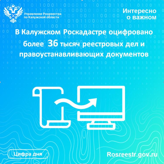 В Калужском Роскадастре оцифровано более 36 тысяч реестровых дел и правоустанавливающих документов. В Калужском Роскадастре оцифровано более 36 тысяч реестровых дел и правоустанавливающих документов.